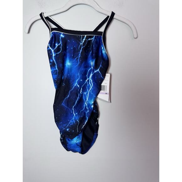 Speedo Womens SPEEDO LIGHTNING STRIKES FEMALE FLYBACK BLUE One Piece Size 32 NWT - Picture 2 of 8